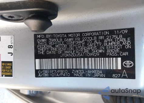 2010 Toyota Prius Iii from USA, damaged, VIN JTDKN3DU5A1109929